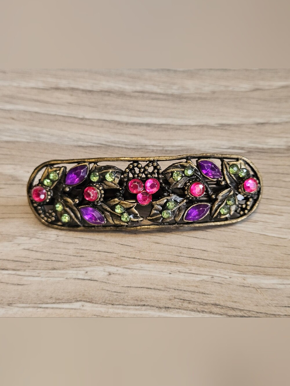 Vintage Bronze Tone Floral Barrette Hair Clip Pink Purple Green Rhinestones